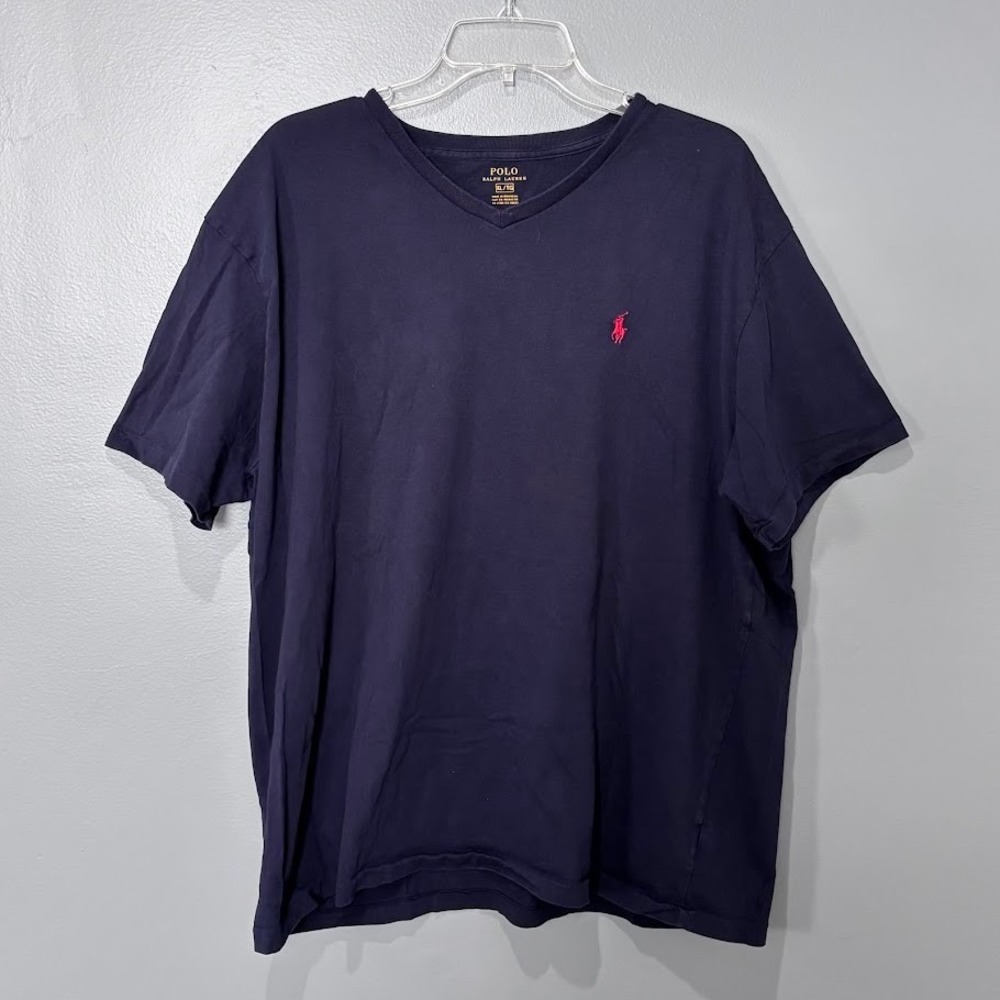 Polo Ralph Lauren‎ T-Shirt Mens XL Navy Blue Cotton V-Neck Red Pony Logo Classic